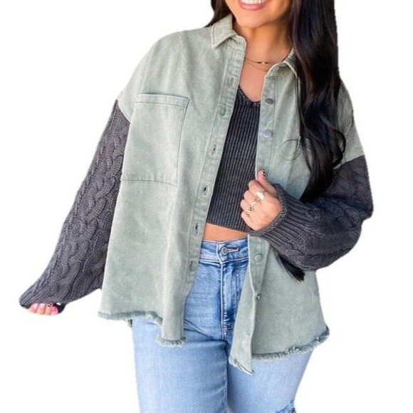 Gilli Olive Green Shacket Large Cable Knit Gray Sweater Sleeves Fall Jacket - Picture 1 of 9